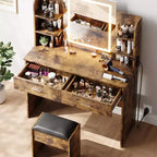 Coiffeuse avec Lumières Miroir LED à Trois Modes et Station de Chargement Coiffeuse de Maquillage avec 6 Étagères, 2 Tiroirs et Tabouret Rembourré Doux