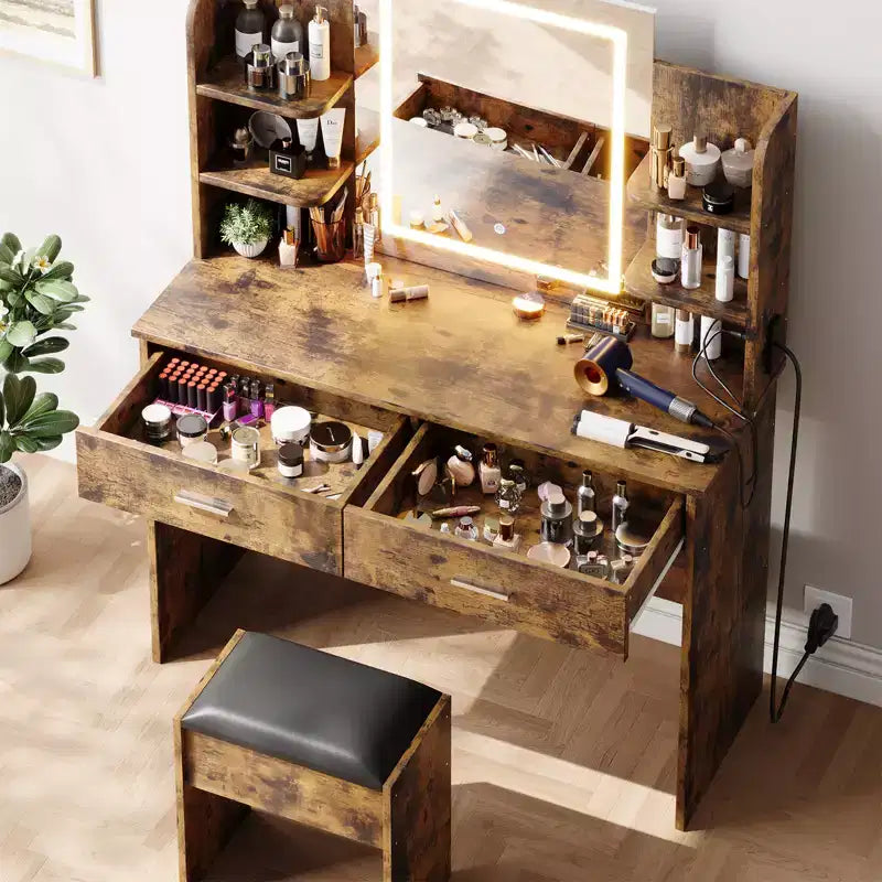 Coiffeuse avec Lumières Miroir LED à Trois Modes et Station de Chargement Coiffeuse de Maquillage avec 6 Étagères, 2 Tiroirs et Tabouret Rembourré Doux