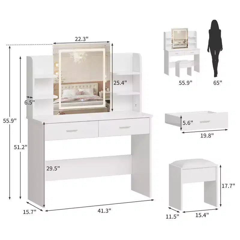 Coiffeuse avec Lumières Miroir LED à Trois Modes et Station de Chargement Coiffeuse de Maquillage avec 6 Étagères, 2 Tiroirs et Tabouret Rembourré Doux