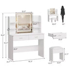 Coiffeuse avec Lumières Miroir LED à Trois Modes et Station de Chargement Coiffeuse de Maquillage avec 6 Étagères, 2 Tiroirs et Tabouret Rembourré Doux