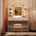 Coiffeuse avec Lumières Miroir LED à Trois Modes et Station de Chargement Coiffeuse de Maquillage avec 6 Étagères, 2 Tiroirs et Tabouret Rembourré Doux