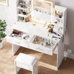 Coiffeuse avec Lumières Miroir LED à Trois Modes et Station de Chargement Coiffeuse de Maquillage avec 6 Étagères, 2 Tiroirs et Tabouret Rembourré Doux