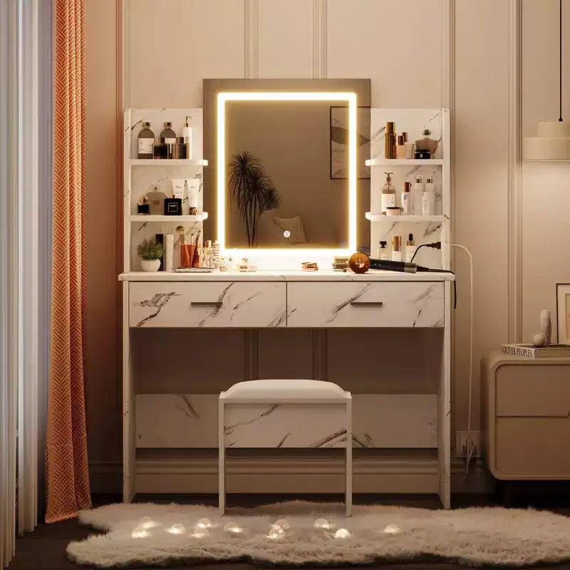 Coiffeuse avec Lumières Miroir LED à Trois Modes et Station de Chargement Coiffeuse de Maquillage avec 6 Étagères, 2 Tiroirs et Tabouret Rembourré Doux
