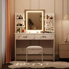 Coiffeuse avec Lumières Miroir LED à Trois Modes et Station de Chargement Coiffeuse de Maquillage avec 6 Étagères, 2 Tiroirs et Tabouret Rembourré Doux