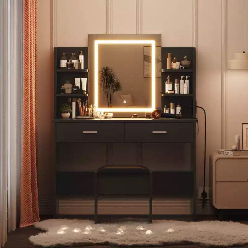 Coiffeuse avec Lumières Miroir LED à Trois Modes et Station de Chargement Coiffeuse de Maquillage avec 6 Étagères, 2 Tiroirs et Tabouret Rembourré Doux
