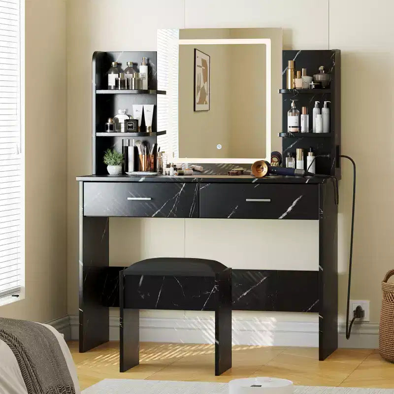 Coiffeuse avec Lumières Miroir LED à Trois Modes et Station de Chargement Coiffeuse de Maquillage avec 6 Étagères, 2 Tiroirs et Tabouret Rembourré Doux