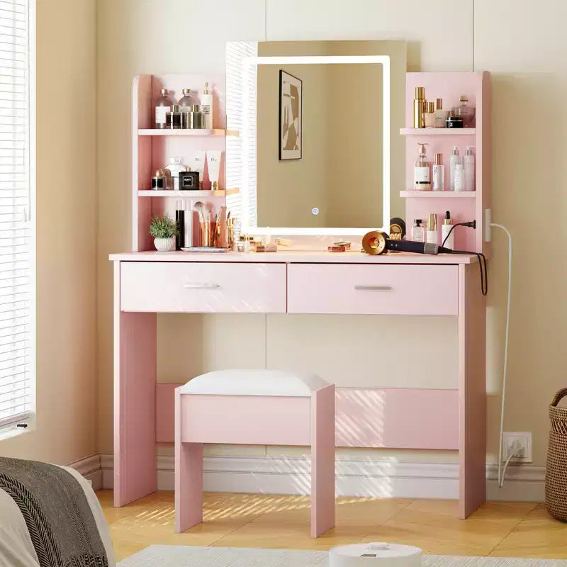 Coiffeuse avec Lumières Miroir LED à Trois Modes et Station de Chargement Coiffeuse de Maquillage avec 6 Étagères, 2 Tiroirs et Tabouret Rembourré Doux