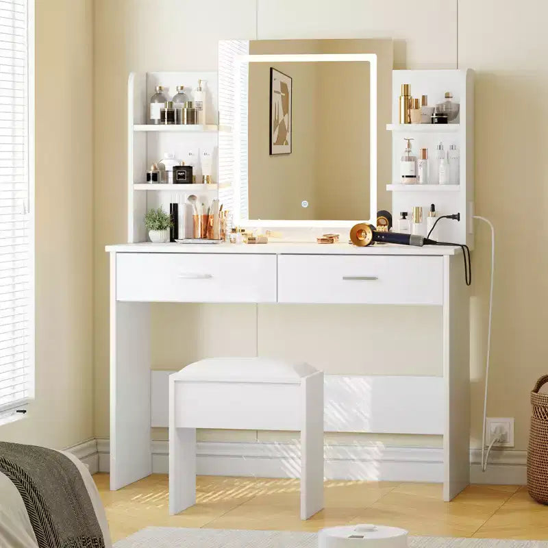 Coiffeuse avec Lumières Miroir LED à Trois Modes et Station de Chargement Coiffeuse de Maquillage avec 6 Étagères, 2 Tiroirs et Tabouret Rembourré Doux