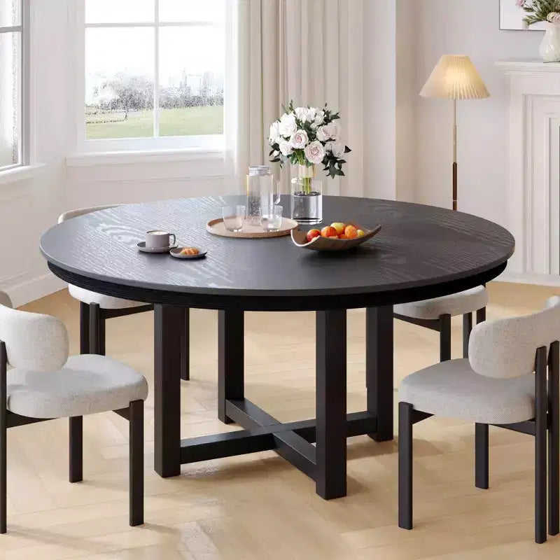 PexFix Table à manger ronde de ferme en bois massif 52 x 52 avec plateau texturé en bois et base en croix pour salles à manger modernes et réunions de famille, noire