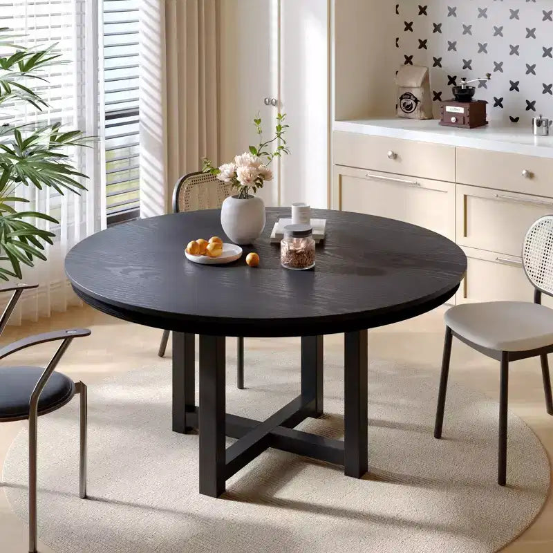 PexFix Table à manger ronde de ferme en bois massif 52 x 52 avec plateau texturé en bois et base en croix pour salles à manger modernes et réunions de famille, noire