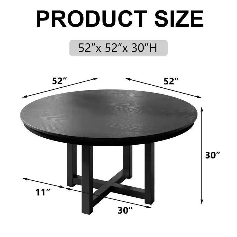 PexFix Table à manger ronde de ferme en bois massif 52 x 52 avec plateau texturé en bois et base en croix pour salles à manger modernes et réunions de famille, noire