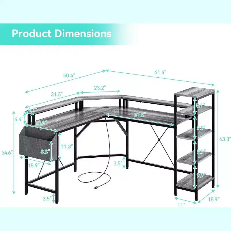 Bureau d'ordinateur Acekool 62 en forme de L avec prises de courant, lumières LED, support d'écran et étagères de rangement, bureau d'angle ergonomique pour bureau à domicile