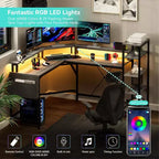 Bureau d'ordinateur Acekool 62 en forme de L avec prises de courant, lumières LED, support d'écran et étagères de rangement, bureau d'angle ergonomique pour bureau à domicile