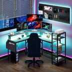Bureau d'ordinateur Acekool 62 en forme de L avec prises de courant, lumières LED, support d'écran et étagères de rangement, bureau d'angle ergonomique pour bureau à domicile