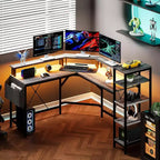 Bureau d'ordinateur Acekool 62 en forme de L avec prises de courant, lumières LED, support d'écran et étagères de rangement, bureau d'angle ergonomique pour bureau à domicile