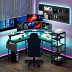 Bureau d'ordinateur Acekool 62 en forme de L avec prises de courant, lumières LED, support d'écran et étagères de rangement, bureau d'angle ergonomique pour bureau à domicile