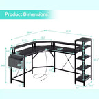 Bureau d'ordinateur Acekool 62 en forme de L avec prises de courant, lumières LED, support d'écran et étagères de rangement, bureau d'angle ergonomique pour bureau à domicile