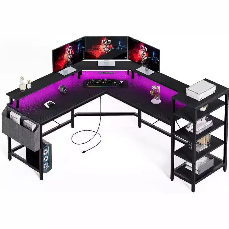Bureau d'ordinateur Acekool 62 en forme de L avec prises de courant, lumières LED, support d'écran et étagères de rangement, bureau d'angle ergonomique pour bureau à domicile