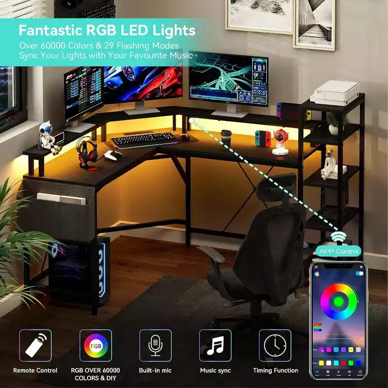 Bureau d'ordinateur Acekool 62 en forme de L avec prises de courant, lumières LED, support d'écran et étagères de rangement, bureau d'angle ergonomique pour bureau à domicile
