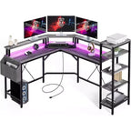 Bureau d'ordinateur Acekool 62 en forme de L avec prises de courant, lumières LED, support d'écran et étagères de rangement, bureau d'angle ergonomique pour bureau à domicile