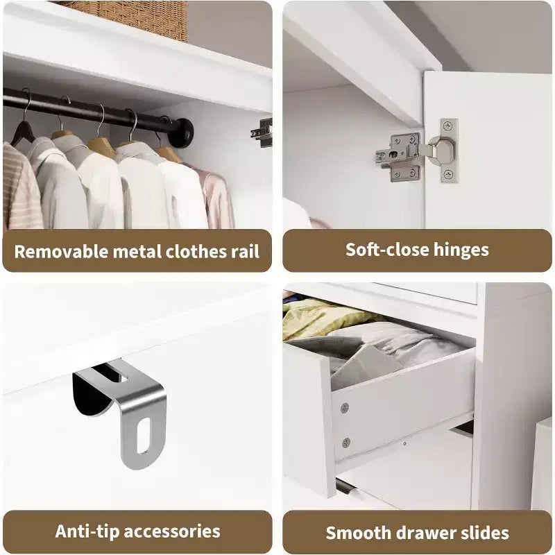 Armoire en rotin avec 3 tiroirs et 2 portes, armoire haute en bois pour suspendre les vêtements, meuble de rangement de chambre à coucher