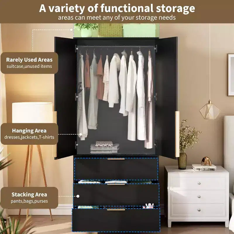 Armoire en rotin avec 3 tiroirs et 2 portes, armoire haute en bois pour suspendre les vêtements, meuble de rangement de chambre à coucher