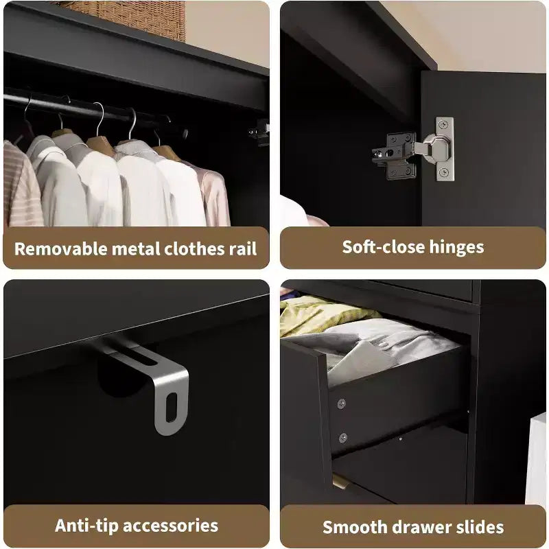 Armoire en rotin avec 3 tiroirs et 2 portes, armoire haute en bois pour suspendre les vêtements, meuble de rangement de chambre à coucher