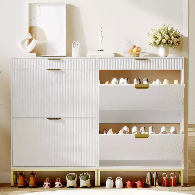 Meuble à chaussures cannelé Acekool, organisateur fin à 2 tiroirs basculants à motif ondulé avec poignées dorées, étagère de rangement d'entrée