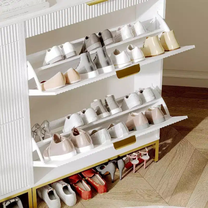 Meuble à chaussures cannelé Acekool, organisateur fin à 2 tiroirs basculants à motif ondulé avec poignées dorées, étagère de rangement d'entrée