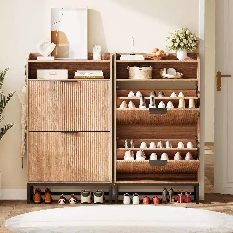 Meuble à chaussures cannelé Acekool, organisateur fin à 2 tiroirs basculants à motif ondulé avec poignées dorées, étagère de rangement d'entrée