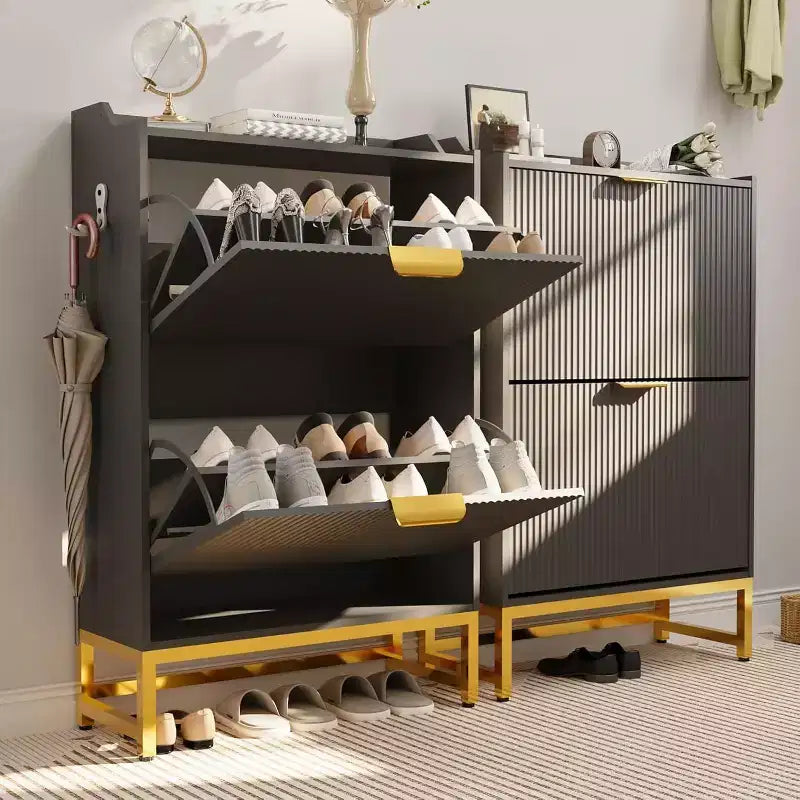 Meuble à chaussures cannelé Acekool, organisateur fin à 2 tiroirs basculants à motif ondulé avec poignées dorées, étagère de rangement d'entrée