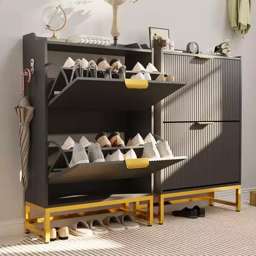 Meuble à chaussures cannelé Acekool, organisateur fin à 2 tiroirs basculants à motif ondulé avec poignées dorées, étagère de rangement d'entrée