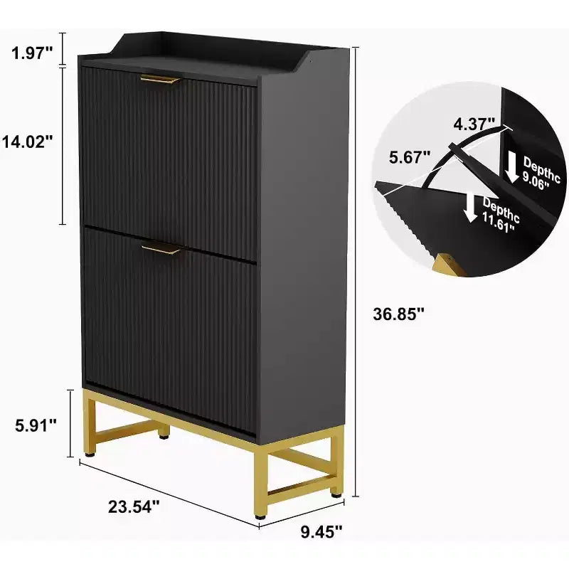 Meuble à chaussures cannelé Acekool, organisateur fin à 2 tiroirs basculants à motif ondulé avec poignées dorées, étagère de rangement d'entrée