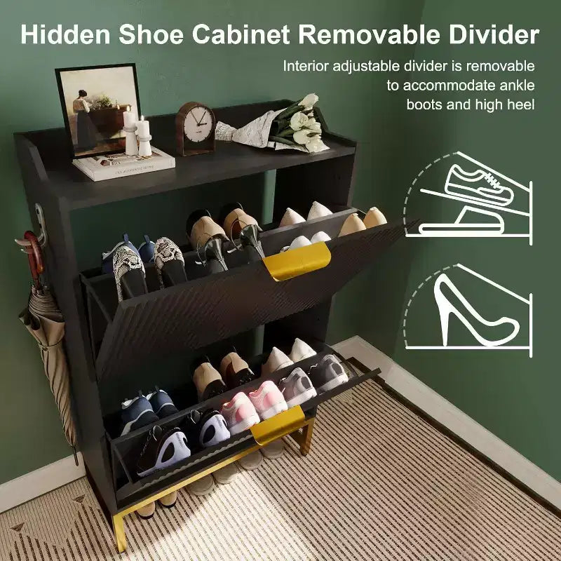 Meuble à chaussures cannelé Acekool, organisateur fin à 2 tiroirs basculants à motif ondulé avec poignées dorées, étagère de rangement d'entrée