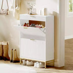 Meuble à chaussures cannelé Acekool, organisateur fin à 2 tiroirs basculants à motif ondulé avec poignées dorées, étagère de rangement d'entrée