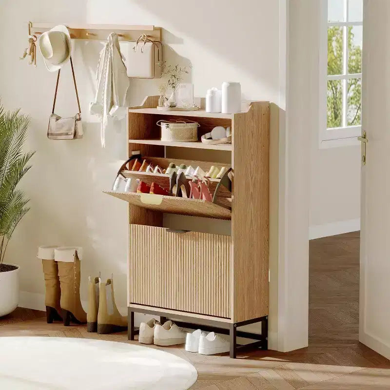 Meuble à chaussures cannelé Acekool, organisateur fin à 2 tiroirs basculants à motif ondulé avec poignées dorées, étagère de rangement d'entrée