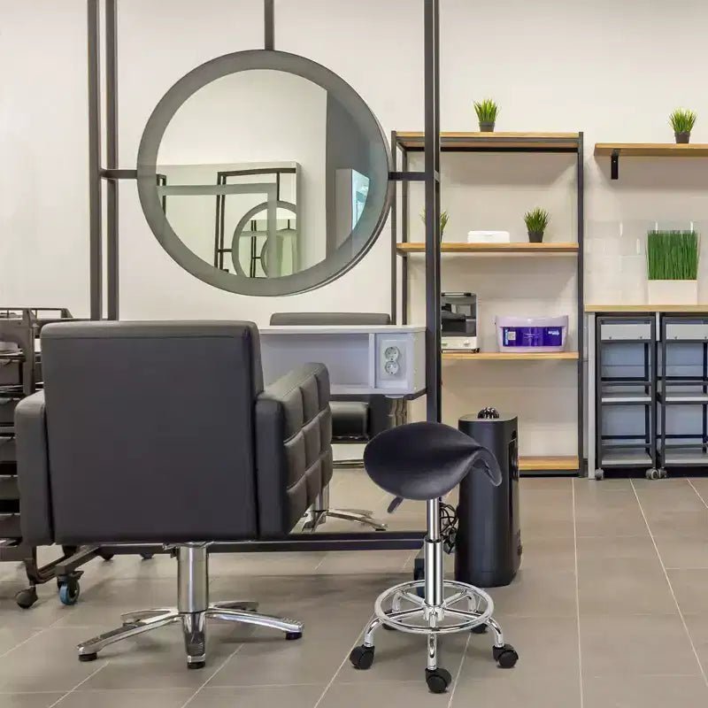 Tabouret de selle réglable en hauteur noir avec roulettes, chaise de salon, utilisation en atelier ou à la maison
