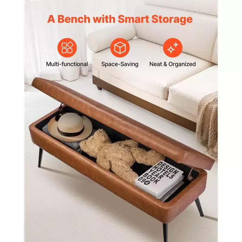 Banc de rangement ottoman en cuir VEVOR, banc en cuir PU avec rangement et pieds en métal, bancs rembourrés de bout de lit, marron
