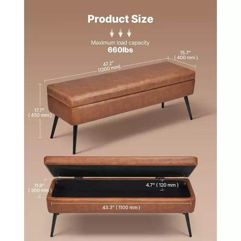 Banc de rangement ottoman en cuir VEVOR, banc en cuir PU avec rangement et pieds en métal, bancs rembourrés de bout de lit, marron