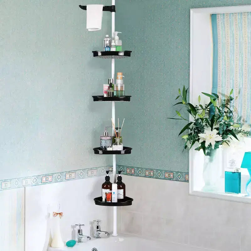 Étagère d'angle de douche à tension, étagère de rangement de douche de salle de bain à 4 niveaux, installation rapide, sans perçage