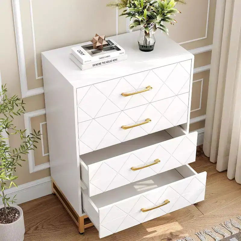 Commode à 4 tiroirs, Commode en bois avec poignées dorées, Unité de rangement commode de poitrine, Commode pour salon, placard, couloir