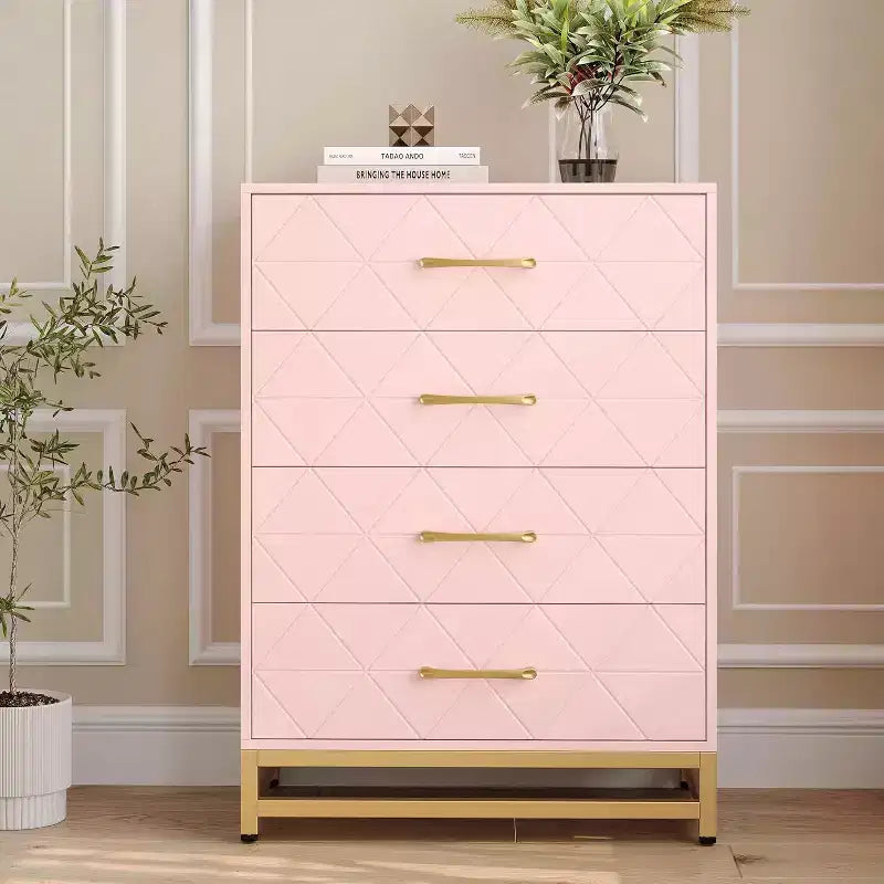 Commode à 4 tiroirs, Commode en bois avec poignées dorées, Unité de rangement commode de poitrine, Commode pour salon, placard, couloir