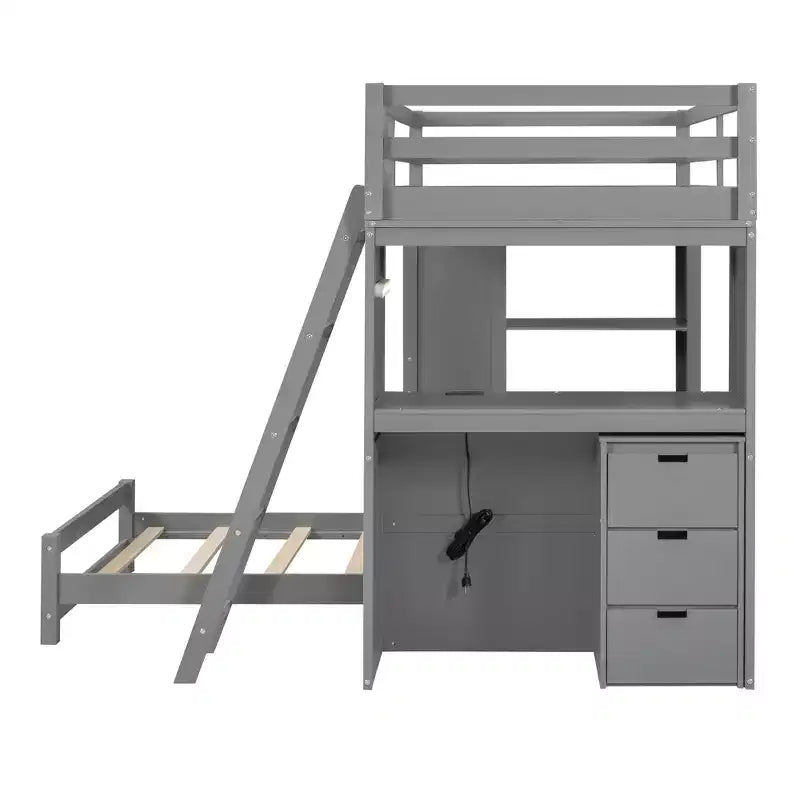 Lits superposés jumeaux séparables avec bureau et tiroirs, cadre de lit superposé en bois en forme de L avec ports USB et lumière LED pour enfants et adolescents