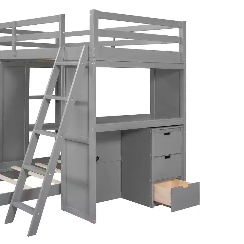 Lits superposés jumeaux séparables avec bureau et tiroirs, cadre de lit superposé en bois en forme de L avec ports USB et lumière LED pour enfants et adolescents
