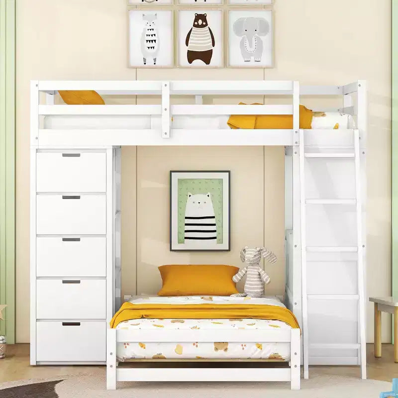 Lits superposés jumeaux séparables avec bureau et tiroirs, cadre de lit superposé en bois en forme de L avec ports USB et lumière LED pour enfants et adolescents