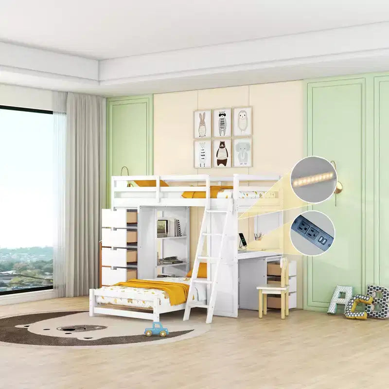 Lits superposés jumeaux séparables avec bureau et tiroirs, cadre de lit superposé en bois en forme de L avec ports USB et lumière LED pour enfants et adolescents
