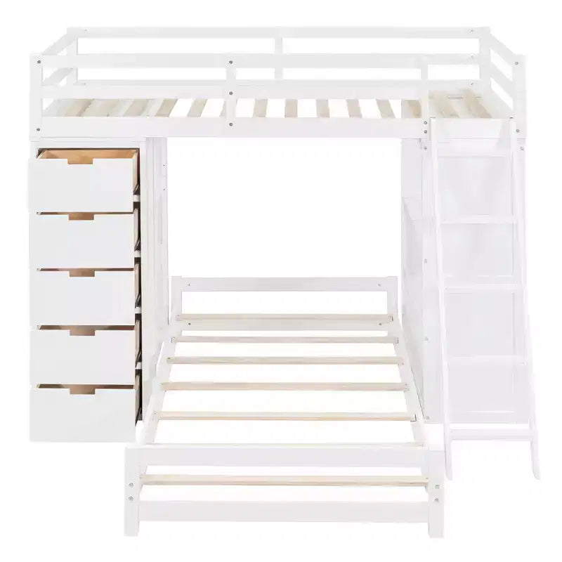 Lits superposés jumeaux séparables avec bureau et tiroirs, cadre de lit superposé en bois en forme de L avec ports USB et lumière LED pour enfants et adolescents