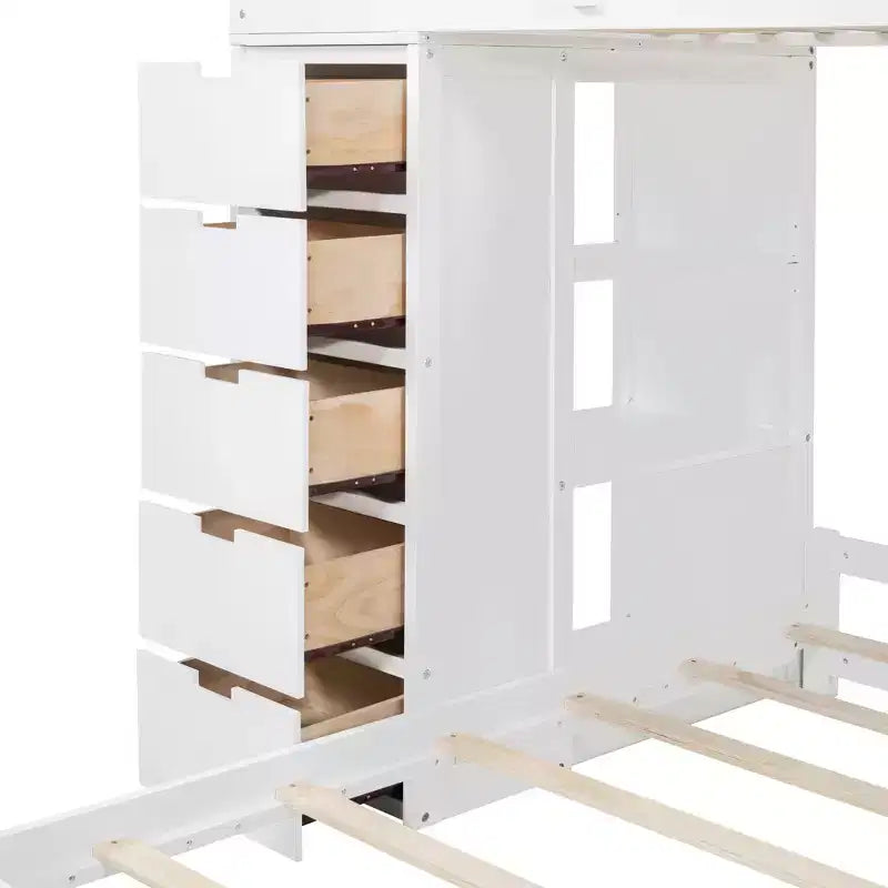 Lits superposés jumeaux séparables avec bureau et tiroirs, cadre de lit superposé en bois en forme de L avec ports USB et lumière LED pour enfants et adolescents