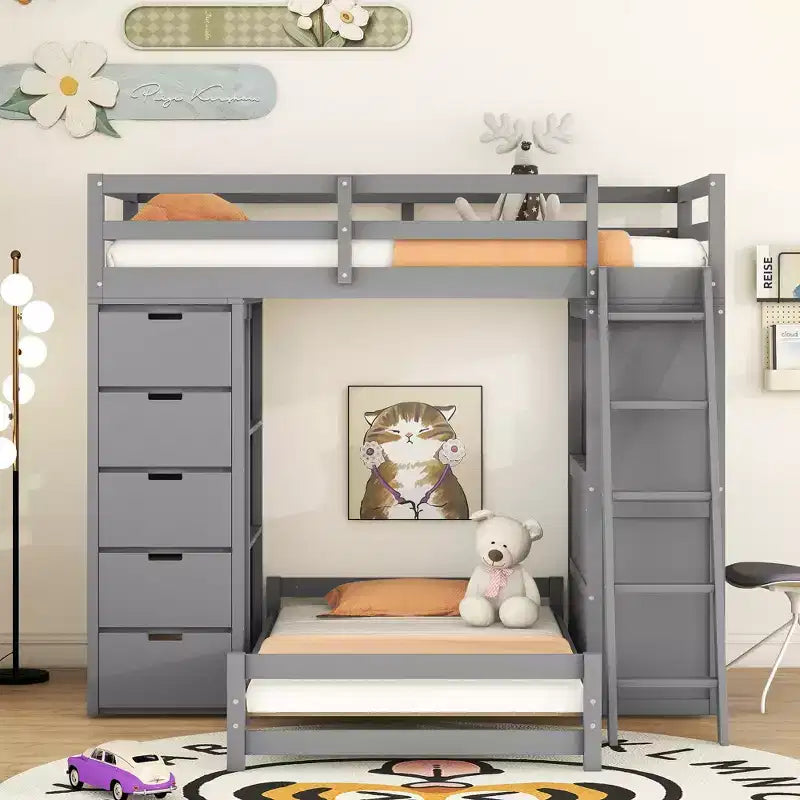 Lits superposés jumeaux séparables avec bureau et tiroirs, cadre de lit superposé en bois en forme de L avec ports USB et lumière LED pour enfants et adolescents