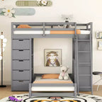 Lits superposés jumeaux séparables avec bureau et tiroirs, cadre de lit superposé en bois en forme de L avec ports USB et lumière LED pour enfants et adolescents